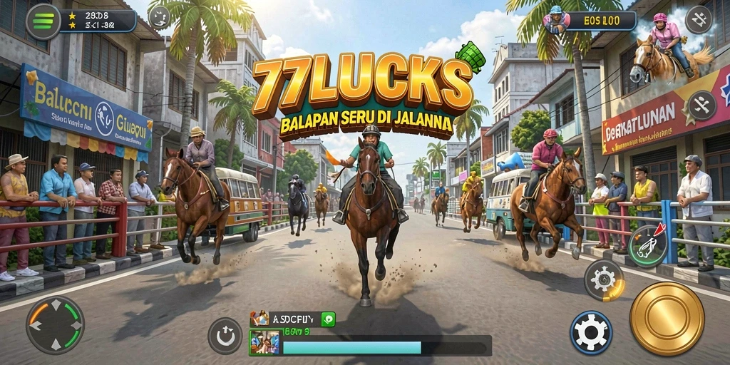 Screenshot utama 77LUCKS menampilkan momen balapan yang seru.