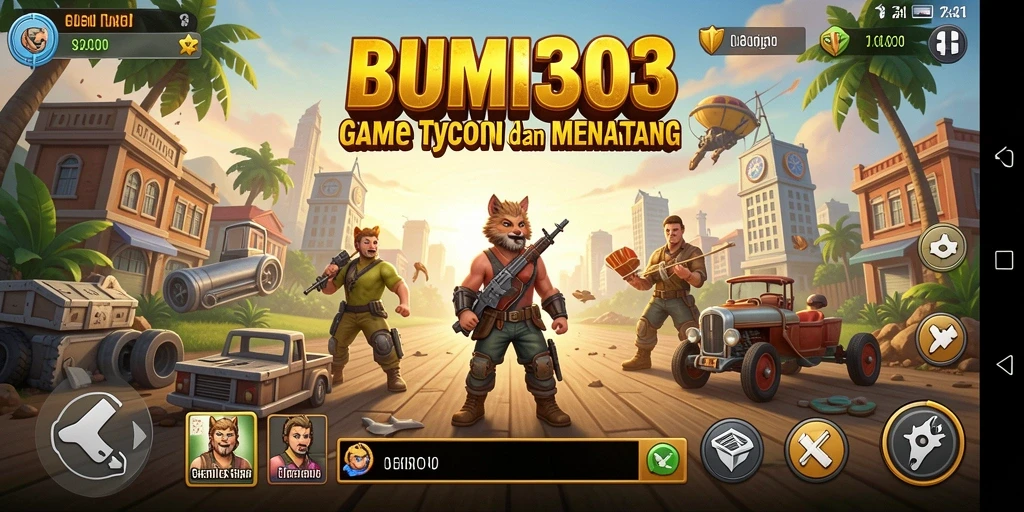 Tampilan gameplay seru di BUMI303 saat mengelola bisnis.