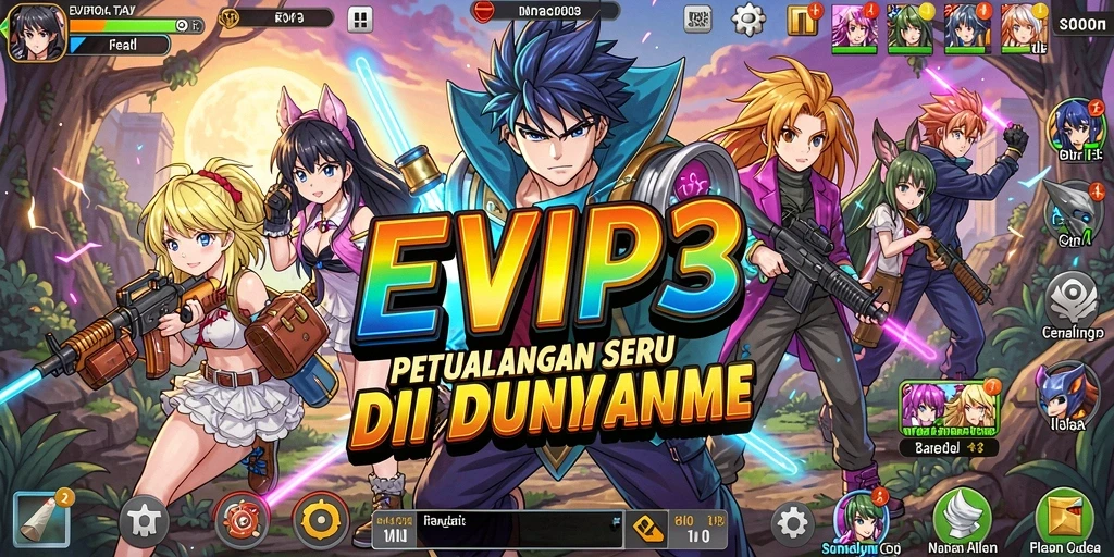 Screenshot gameplay EVIP3 menampilkan karakter anime dalam aksi mendebarkan.