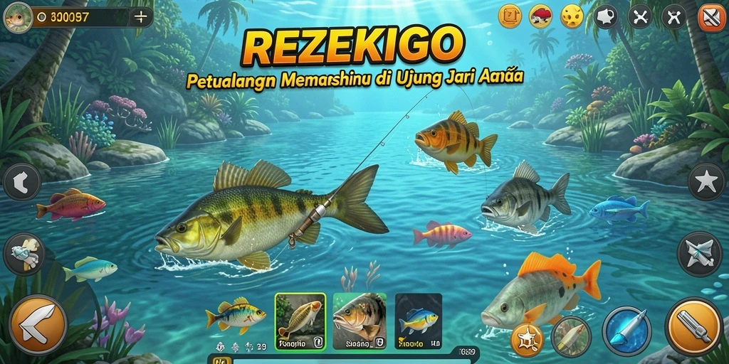 Screenshot gameplay <strong>REZEKIGO</strong> menampilkan serunya momen memancing di danau.